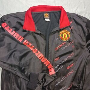 Men's L Manchester United Patch Soccer Logo Black Full Zip Track Warmup Jacket *
